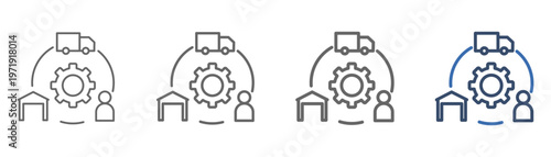 
Supply chain optimization outline icon set with circle design, warehouse, delivery truck, people and gears