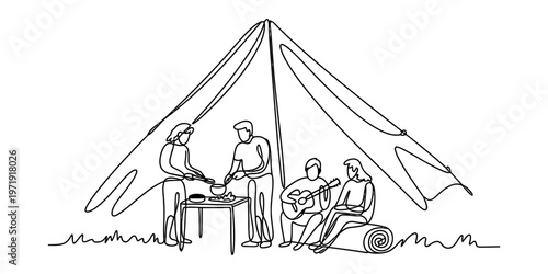 A single continuous line drawing of a group of friends camping and cooking under a large tent Vector, illustration