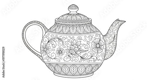 Ornate Teapot Illustration - Vintage Ceramic Kettle with Floral Pattern