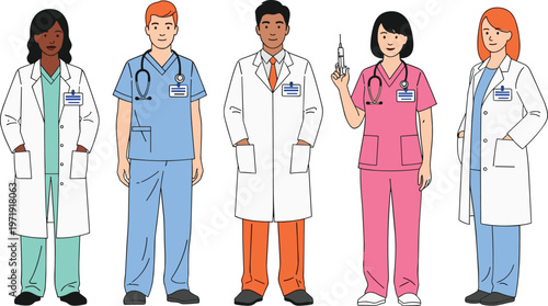 Medical Team Character Set with Doctors and Nurses in Uniform for Healthcare Illustration, Hospital Staff Design, and Professional Medical Collection