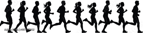 "Silhouettes of eight people running in sequence, dynamic athletic motion captured in minimalist black vector illustration for sports and fitness design