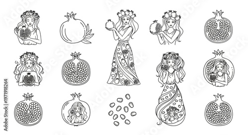 Pomegranate Goddesses and Fruit Illustrations - Hand Drawn Sketch