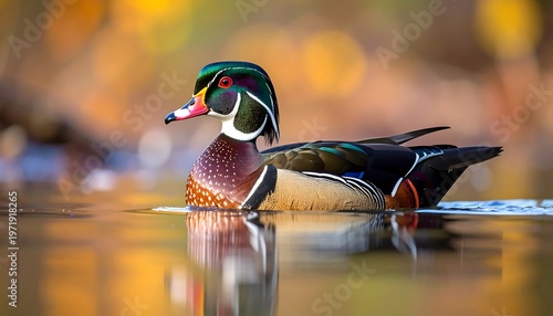 Vibrant Wood Duck Floating on Calm Water with Colorful Reflections.
