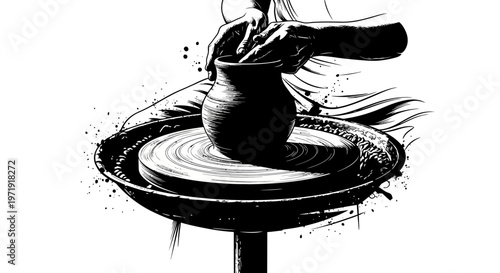 Potter Hands Shaping Clay on Pottery Wheel, Artistic Craftsmanship