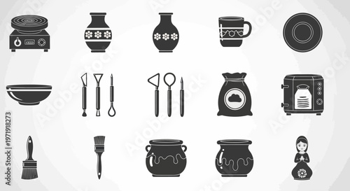 Pottery Craft Icons: Tools, Kiln, Vases, and Clay Supplies