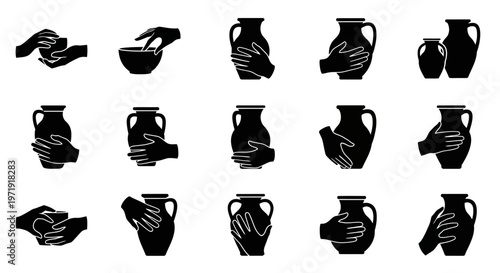 Pottery Craftsmanship: Hands Shaping Clay Vases and Bowls - Icon Set