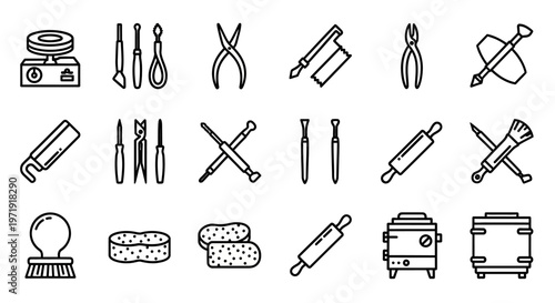 Pottery Craft Tools Set: Clay Sculpting, Ceramics Making Equipment Icons