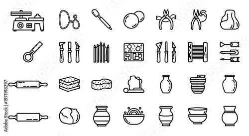Pottery Craft Tools and Supplies Icons Set - Ceramic Art Equipment