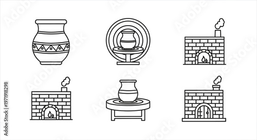 Pottery Icons: Vase, Potter's Wheel, Kiln, Brick Oven, Clay Craft