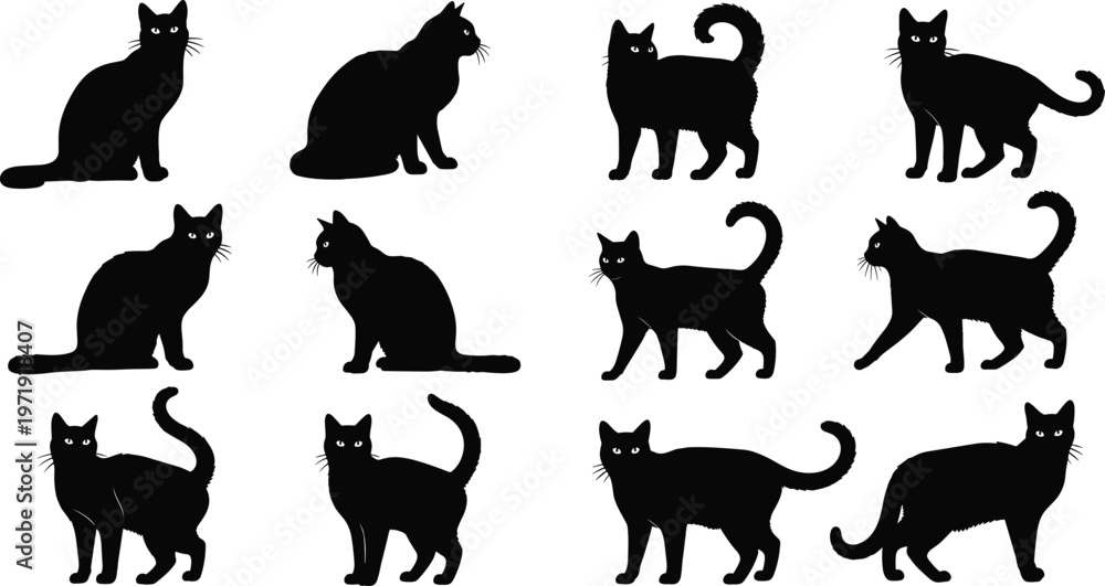 Fototapeta premium Black cat silhouettes set in different poses, minimalist feline vector collection for Halloween, pet design, logo, illustration use