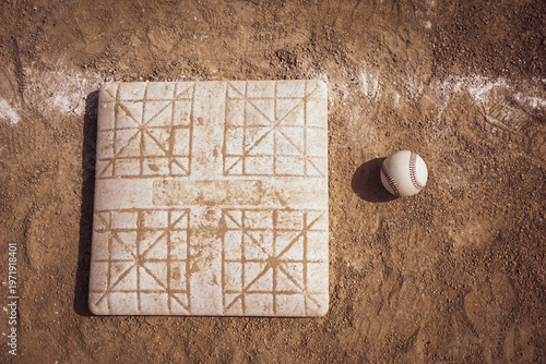 Baseball and base on dirt sports field