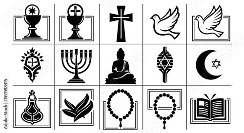 Religious Symbols Collection: Christianity, Judaism, Islam, Buddhism, Hinduism Icons