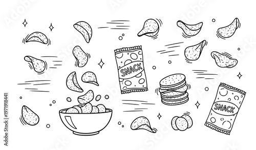 Playful potato chips doodle set hand drawn snack elements with motion vector illustration