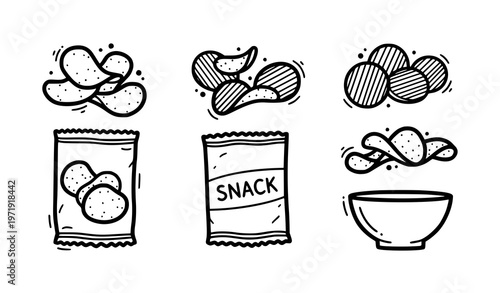 Sticker style potato chips doodle icons bold outline crispy snack vector set