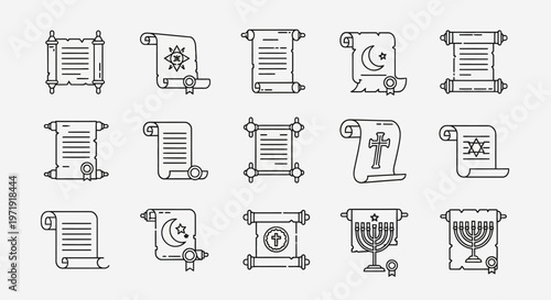 Religious Symbols on Scrolls Icons Set
