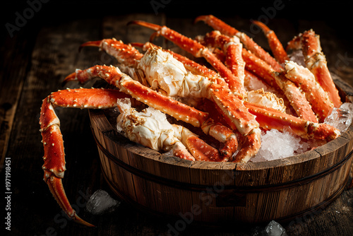 King crab legs served on ice in wooden bowl with dramatic lighting creating luxury seafood dining and gourmet presentation concept

