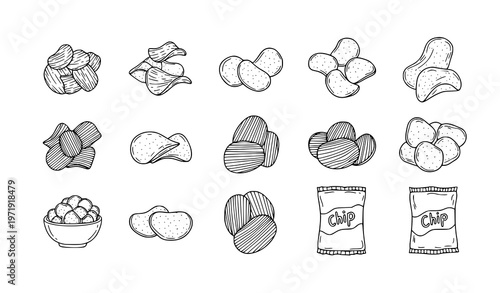 Potato chips doodle icon set hand drawn crispy snack outline vector collection