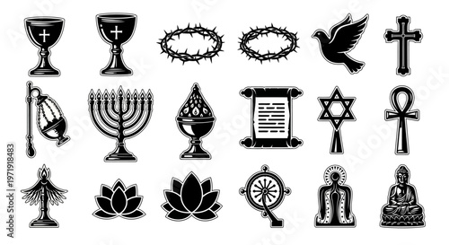 Religious Symbols Collection: Cross, Dove, Star of David, Ankh, Lotus, Buddha