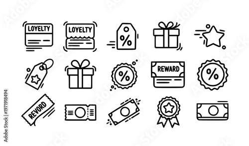 Sticker style loyalty card doodle icons bold outline reward program vector set
