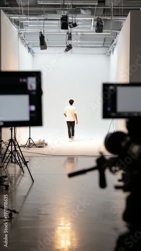 Young man stands alone in a modern professional photo studio, surrounded by lighting equipment and cameras. Minimalist white background creates a creative atmosphere