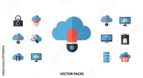 Cloud storage icons with security symbols and devices on white background vector pack