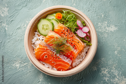 Top view of salmon sashimi slices served over rice in bowl with clean minimal background creating fresh Japanese cuisine concept

