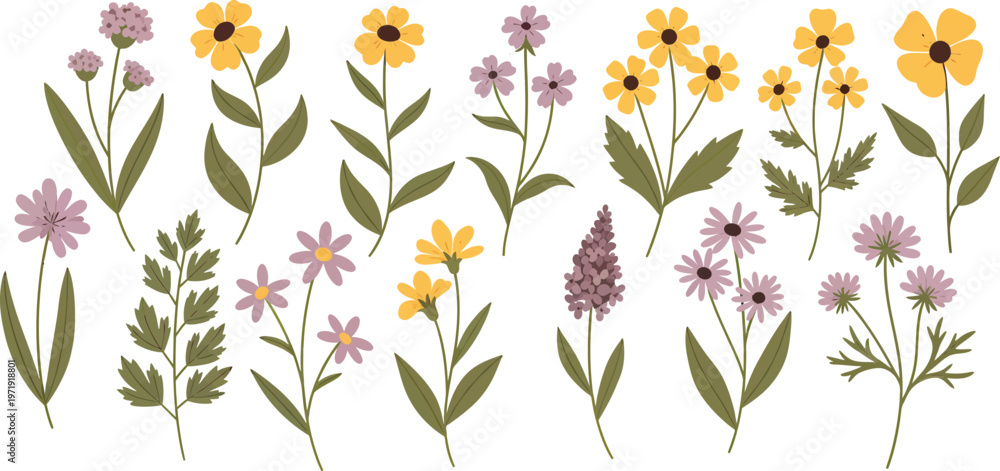 Fototapeta premium Vibrant Illustration of Wildflowers and Green Leaves