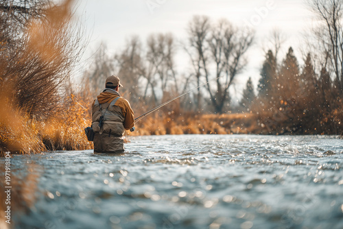 Fisherman standing in river casting fishing rod during golden hour with scenic nature background creating peaceful outdoor activity and lifestyle scene
