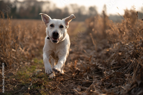 Happy dog running through dry field during golden hour with warm sunlight capturing playful outdoor activity and energetic pet lifestyle
