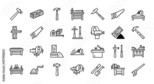 Set of Carpentry and Woodworking Tools Icons, Vector Illustration