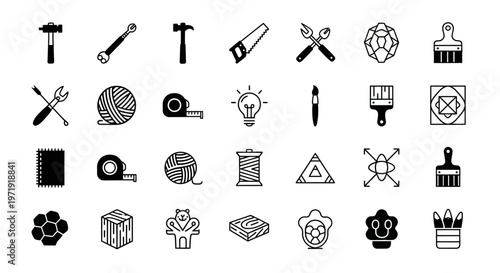 Set of DIY and Crafting Icons: Tools, Materials, and Symbols