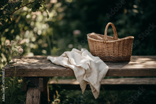 Picnic basket with bread and food on wooden table in park under warm sunlight creating cozy outdoor dining and leisure lifestyle scene
