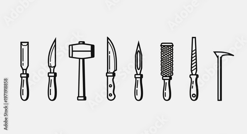 Set of Hand Tools - Chisel, Knives, Hammer, Rasp, File, Crowbar