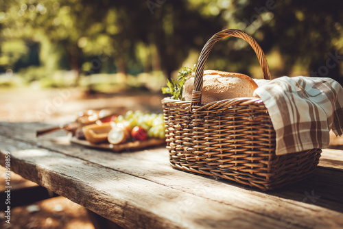 Picnic basket with bread and food on wooden table in park under warm sunlight creating cozy outdoor dining and leisure lifestyle scene
