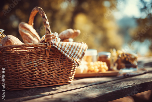 Picnic basket with bread and food on wooden table in park under warm sunlight creating cozy outdoor dining and leisure lifestyle scene
