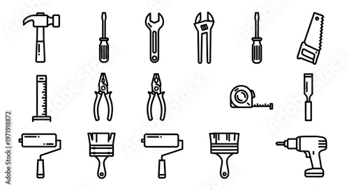 Set of Hand Tools Icons: Hammer, Screwdriver, Wrench, Saw, Pliers, Roller, Drill
