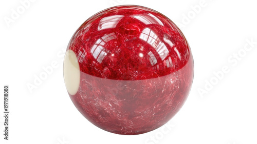 Vibrant red marbled billiard ball with glossy reflective surface and cream dot studio shot isolated on transparent backg