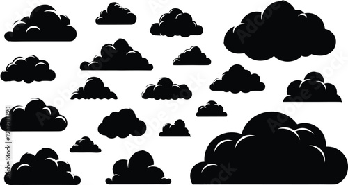 Collection of cloud silhouettes in various shapes, black fluffy sky elements set, minimal vector illustration isolated on white background