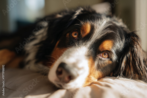 Close up portrait of tricolor dog resting on bed with soft natural light highlighting calm expression and cozy indoor pet lifestyle
