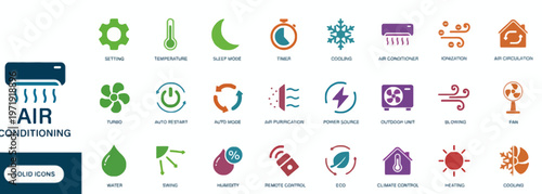 Air conditioning icons set with eco-friendly and energy-efficient symbols vector illustration