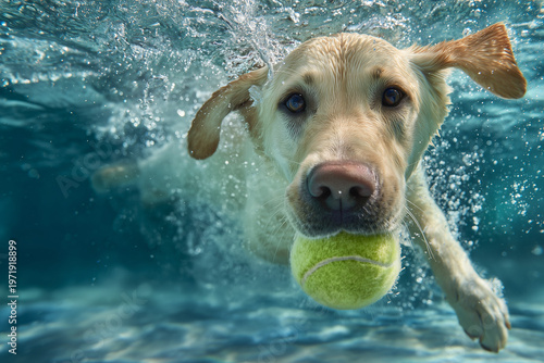 Underwater view of dog swimming with tennis ball in mouth surrounded by bubbles and sunlight creating playful pet activity and summer fun concept
