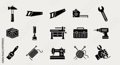 Set of Tools and Crafts Icons: DIY, Repair, and Hobby Equipment