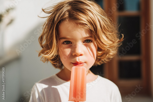 Portrait of young child enjoying orange popsicle in warm natural light with soft background creating summer lifestyle and refreshing moment concept
