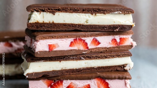 Stacked chocolate treats with strawberry filling