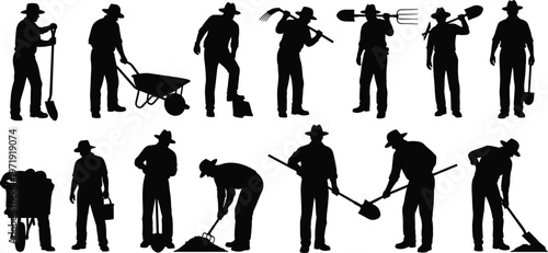 Collection of farmer silhouettes with agricultural tools, rural workers performing farming tasks, manual labor concept isolated black vector illustration set