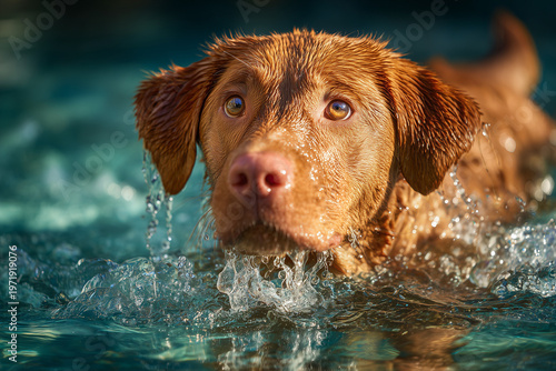 Close up of dog swimming in clear water with splashes and focused expression capturing playful outdoor activity and pet lifestyle
