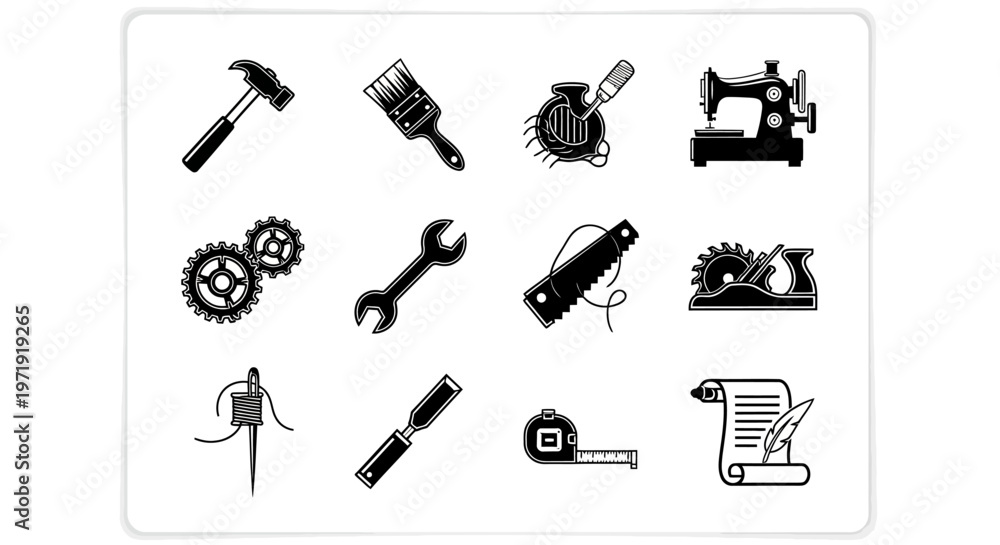 Obraz premium Set of Vintage Tools and Crafting Icons, Workshop and DIY Graphics