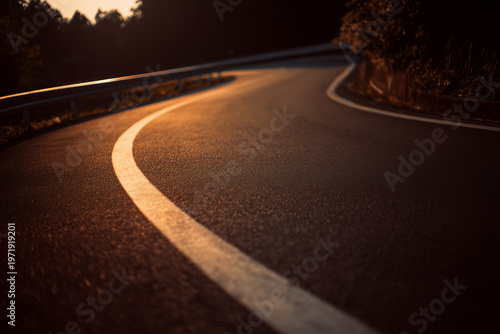 Low angle view of winding asphalt road with white lane marking illuminated by warm sunset light, detailed textured surface and dramatic curve through countryside landscape
