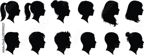 Collection of male and female head silhouette profiles with different hairstyles isolated on white background, avatar icons for identity and design