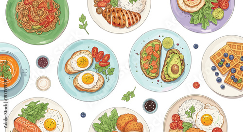 Breakfast and Brunch Food Collection with Eggs, Avocado Toast, Pancakes, Pasta, and Healthy Meals in Top View for Restaurant Menu Illustration Design